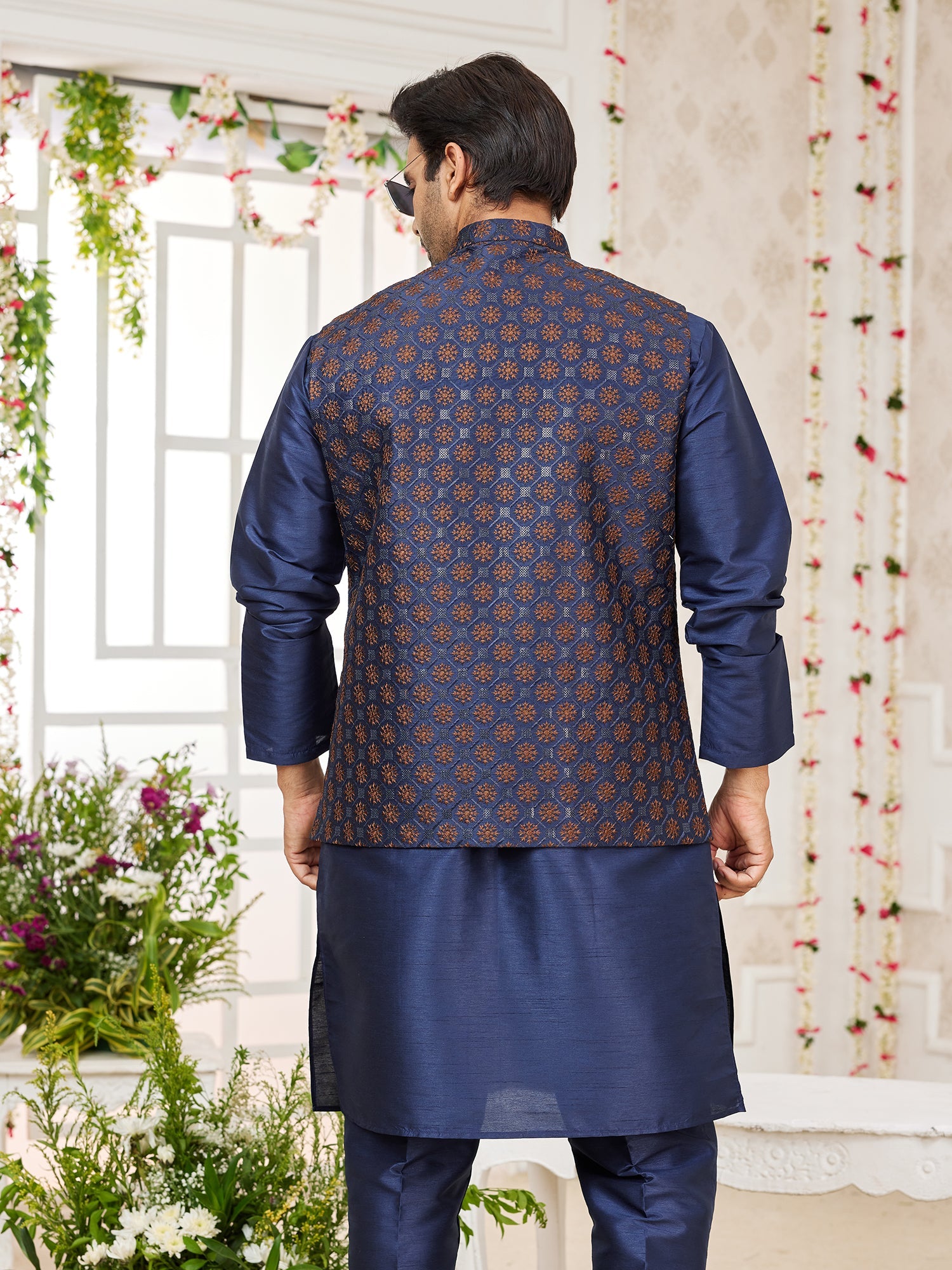 Navy Blue Art Silk Embroidered Kurta Pajama Jacket Set