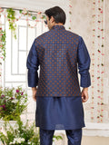 Navy Blue Art Silk Embroidered Kurta Pajama Jacket Set