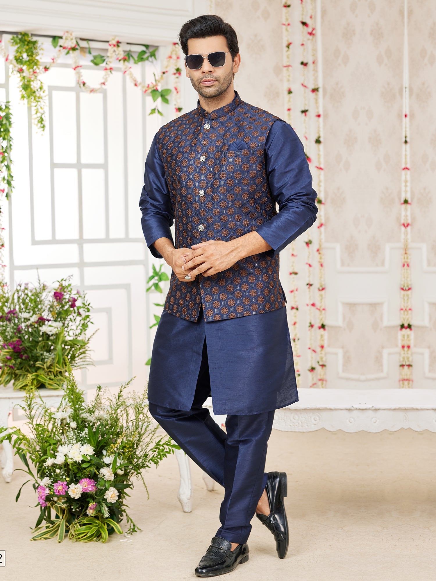 Navy Blue Art Silk Embroidered Kurta Pajama Jacket Set
