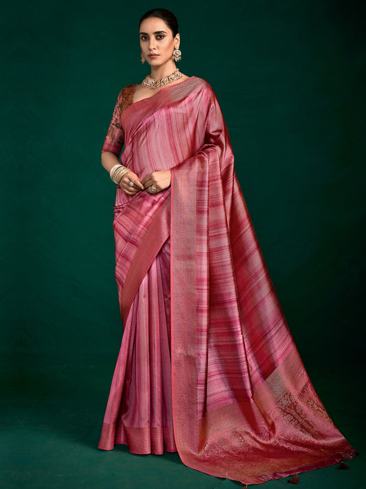 Pink Zari Woven Tussar Silk Saree