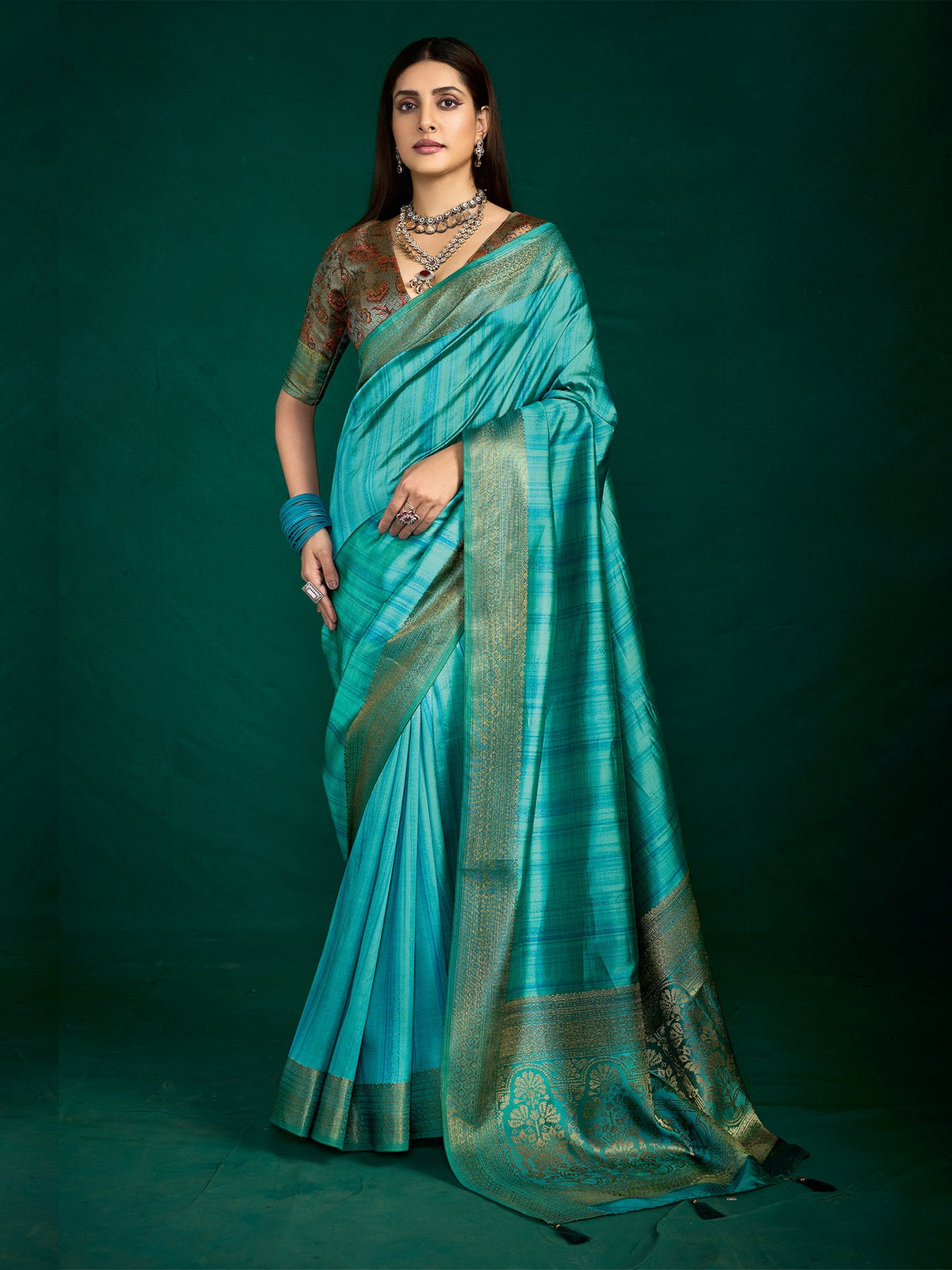 Turquoise Zari Woven Tussar Silk Saree