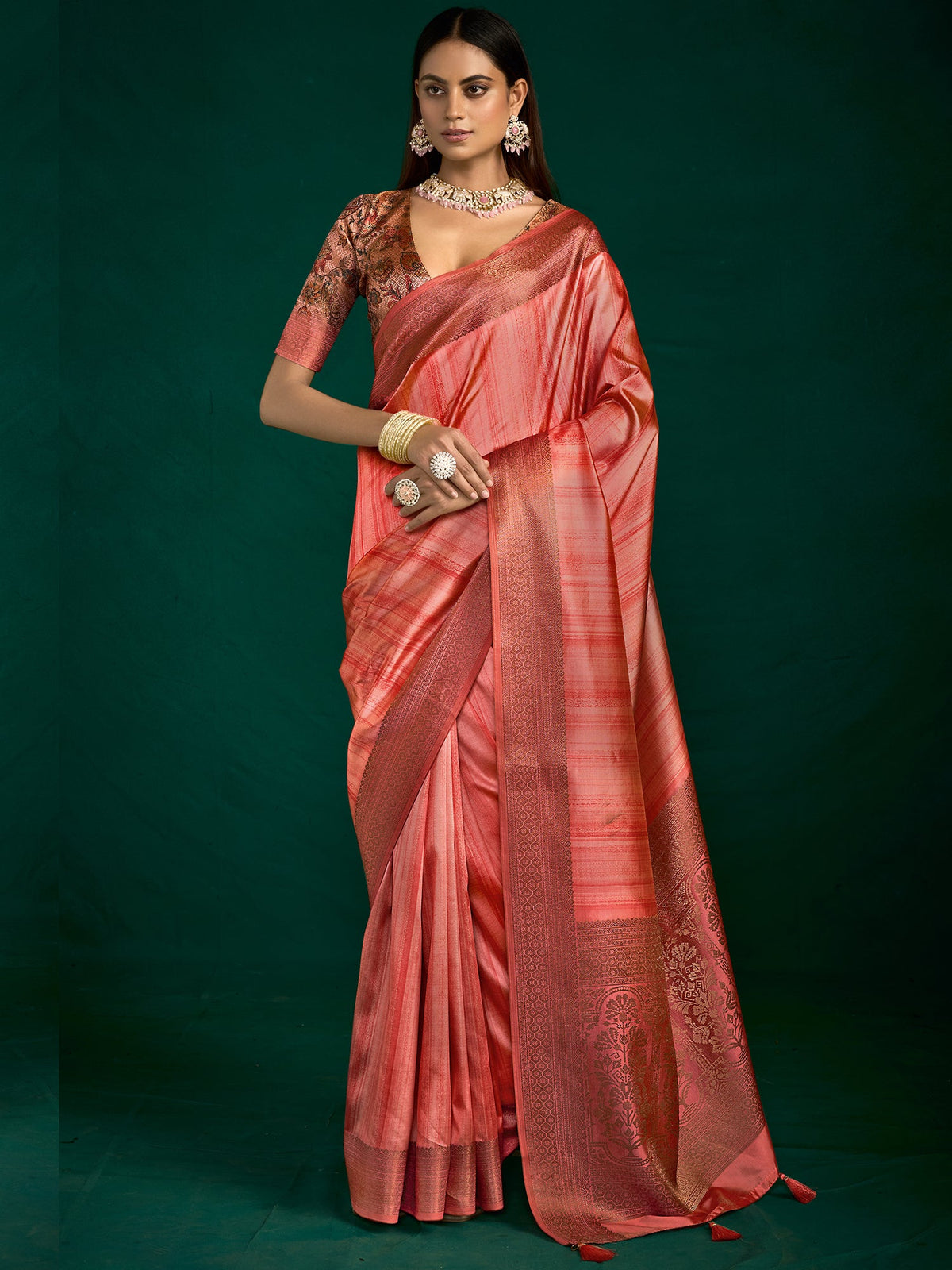 Peach Zari Woven Tussar Silk Saree