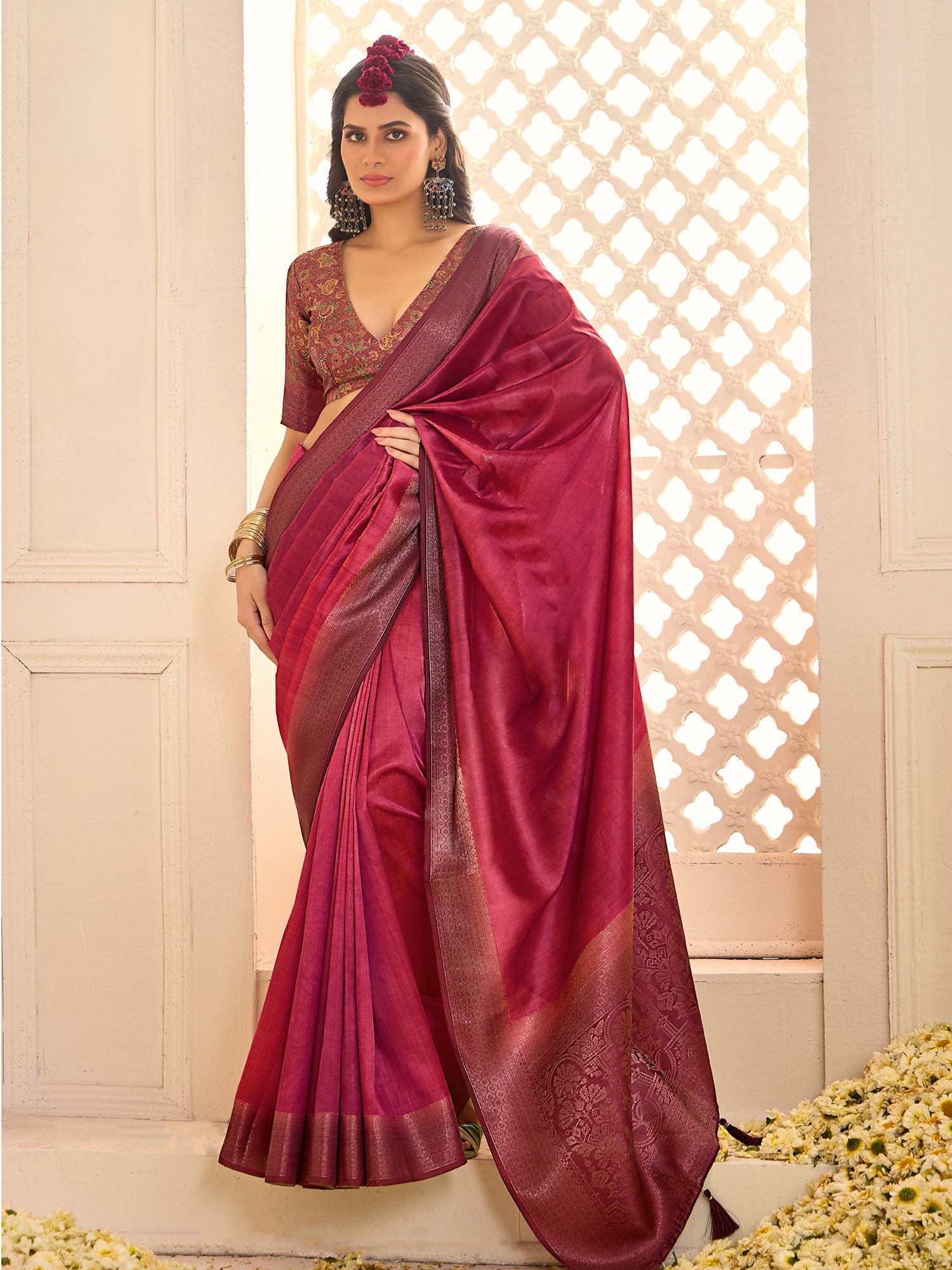 Magenta Zari Woven Tussar Silk Saree