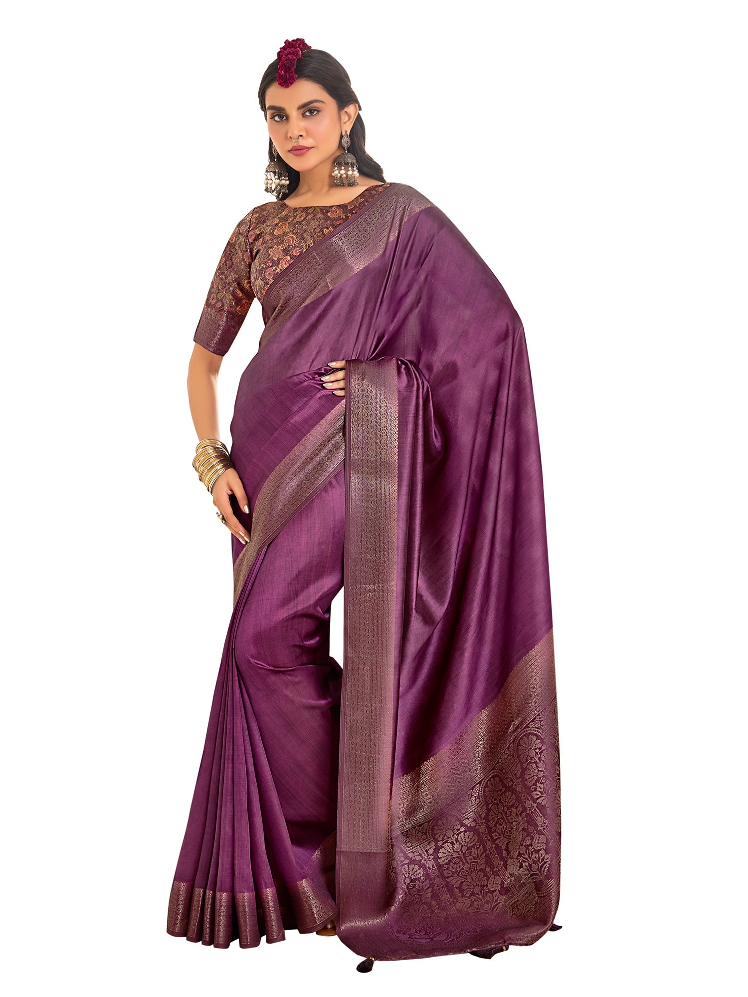 Purple Zari Embroidered Tussar Silk Saree