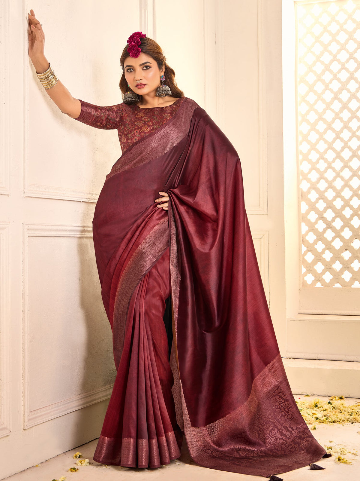 Wine Zari Woven Party Wear Silk Saree
