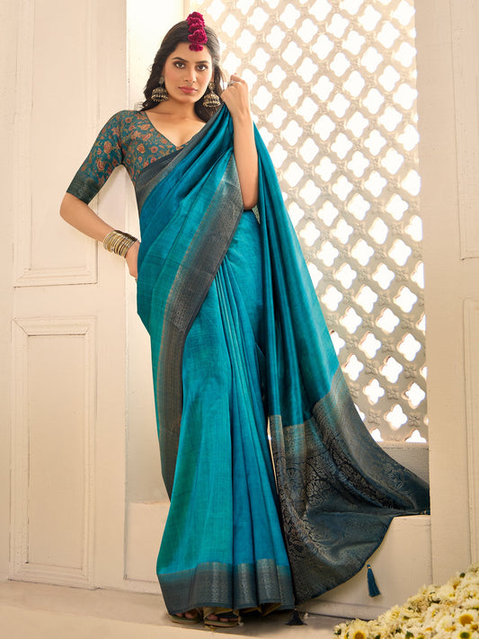 Festive Teal Blue Zari Woven Tussar Silk Saree