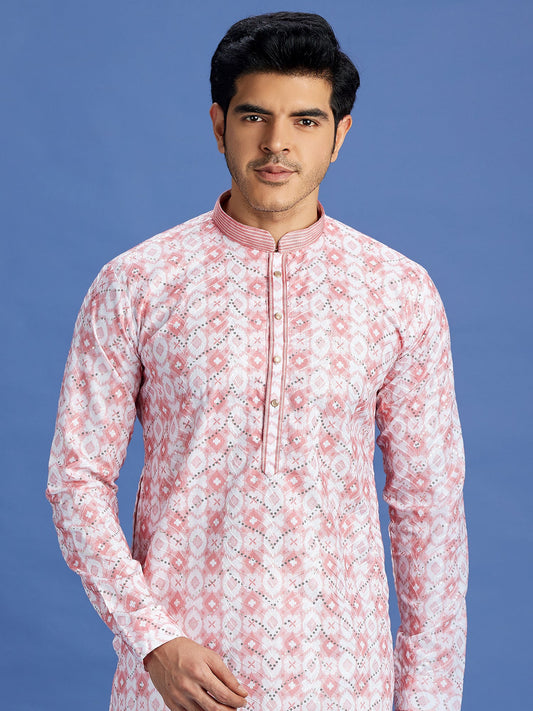 Pink Cotton Embroidered Kurta Pajama
