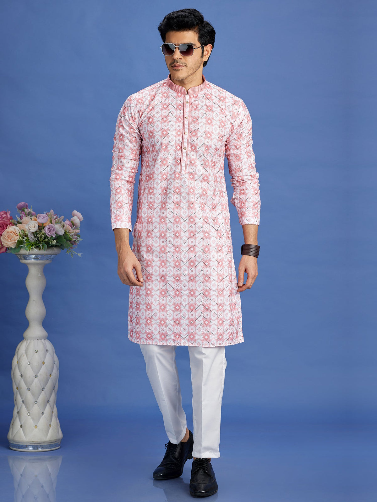 Pink Cotton Embroidered Kurta Pajama