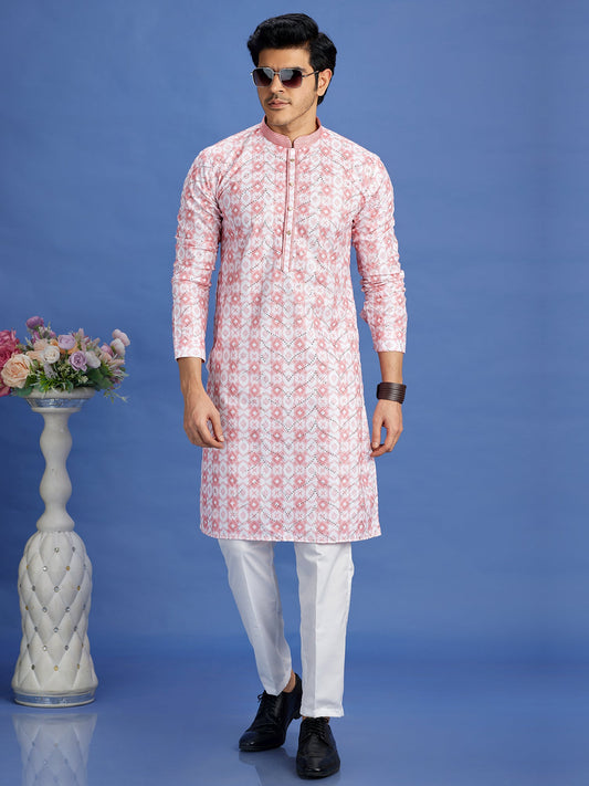 Pink Cotton Embroidered Kurta Pajama