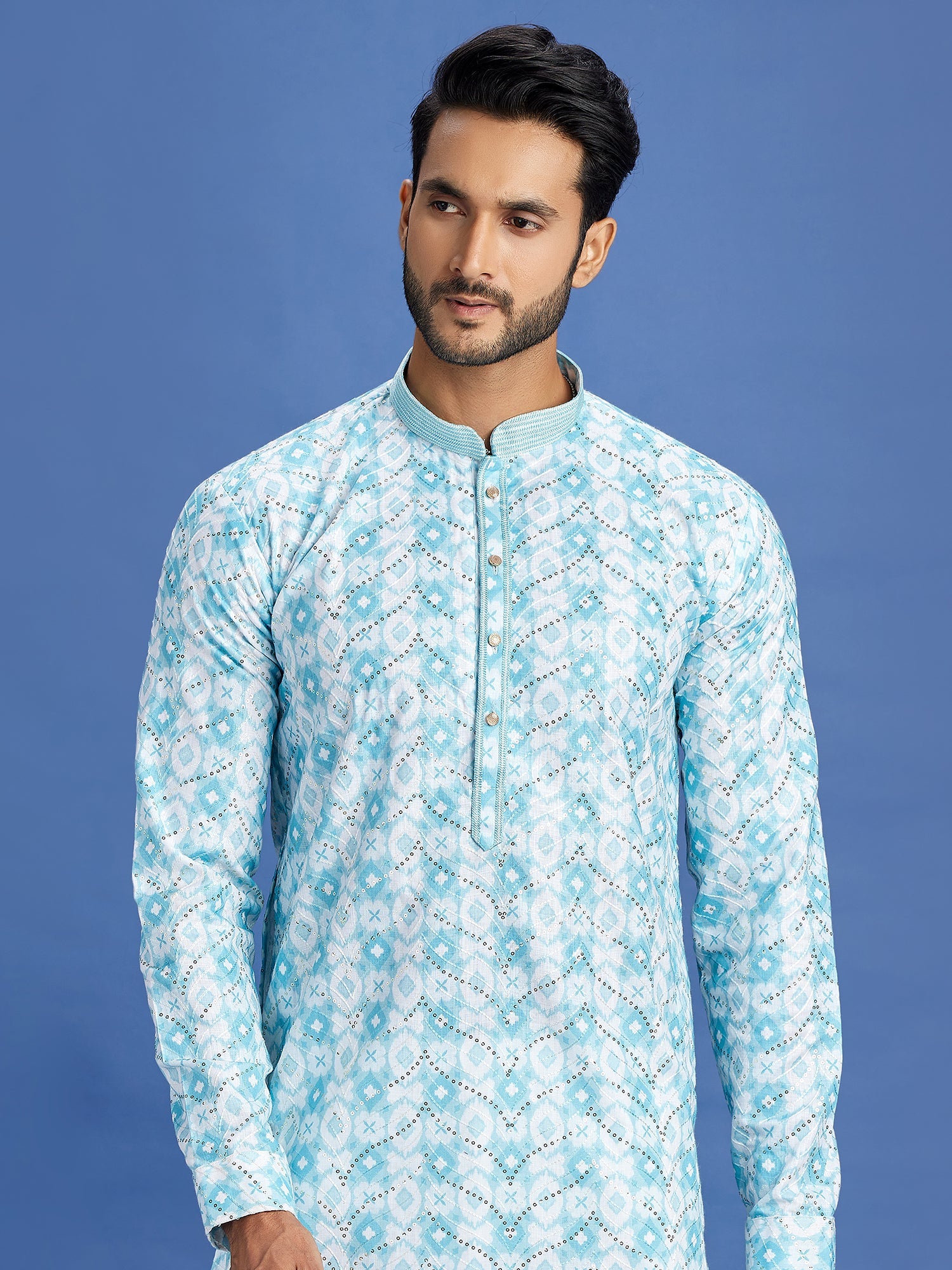 Blue Embroidered Cotton Kurta Pajama Set