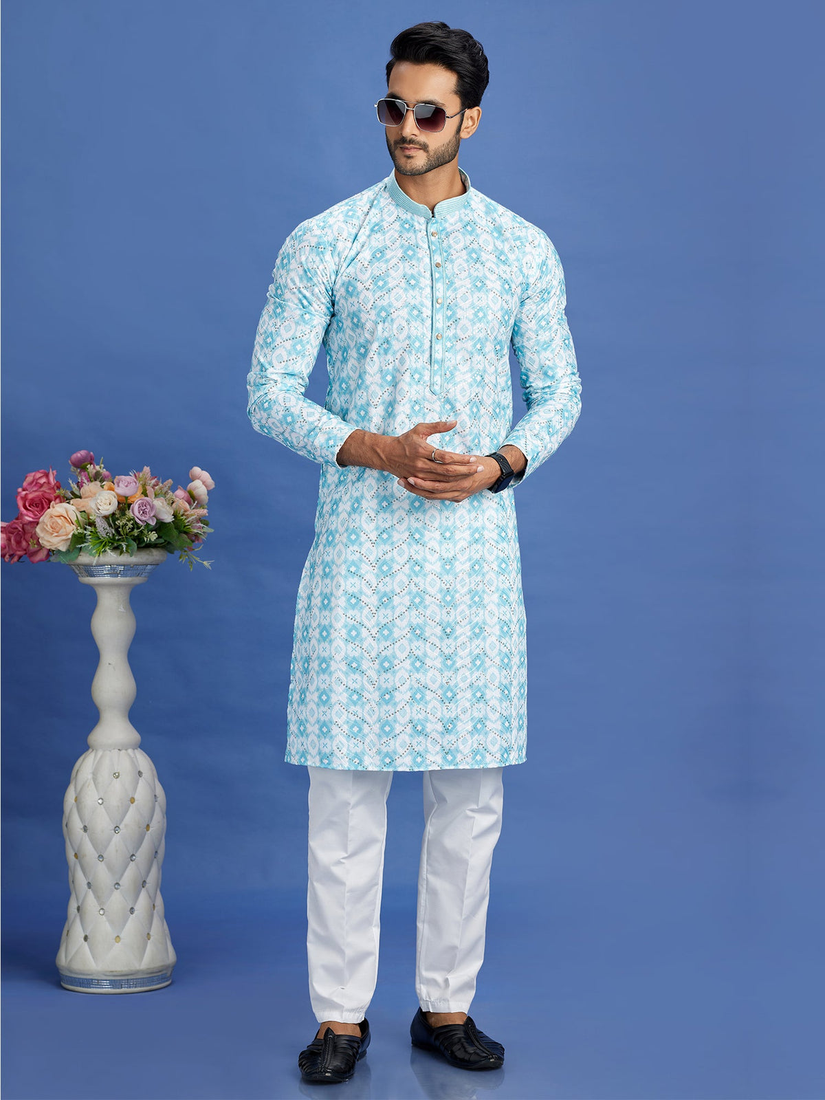 Blue Embroidered Cotton Kurta Pajama Set