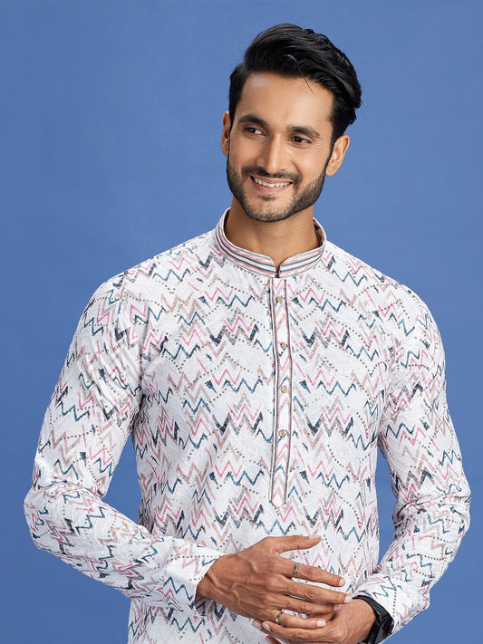 Blue & Pink Cotton Embroidered Kurta Pajama