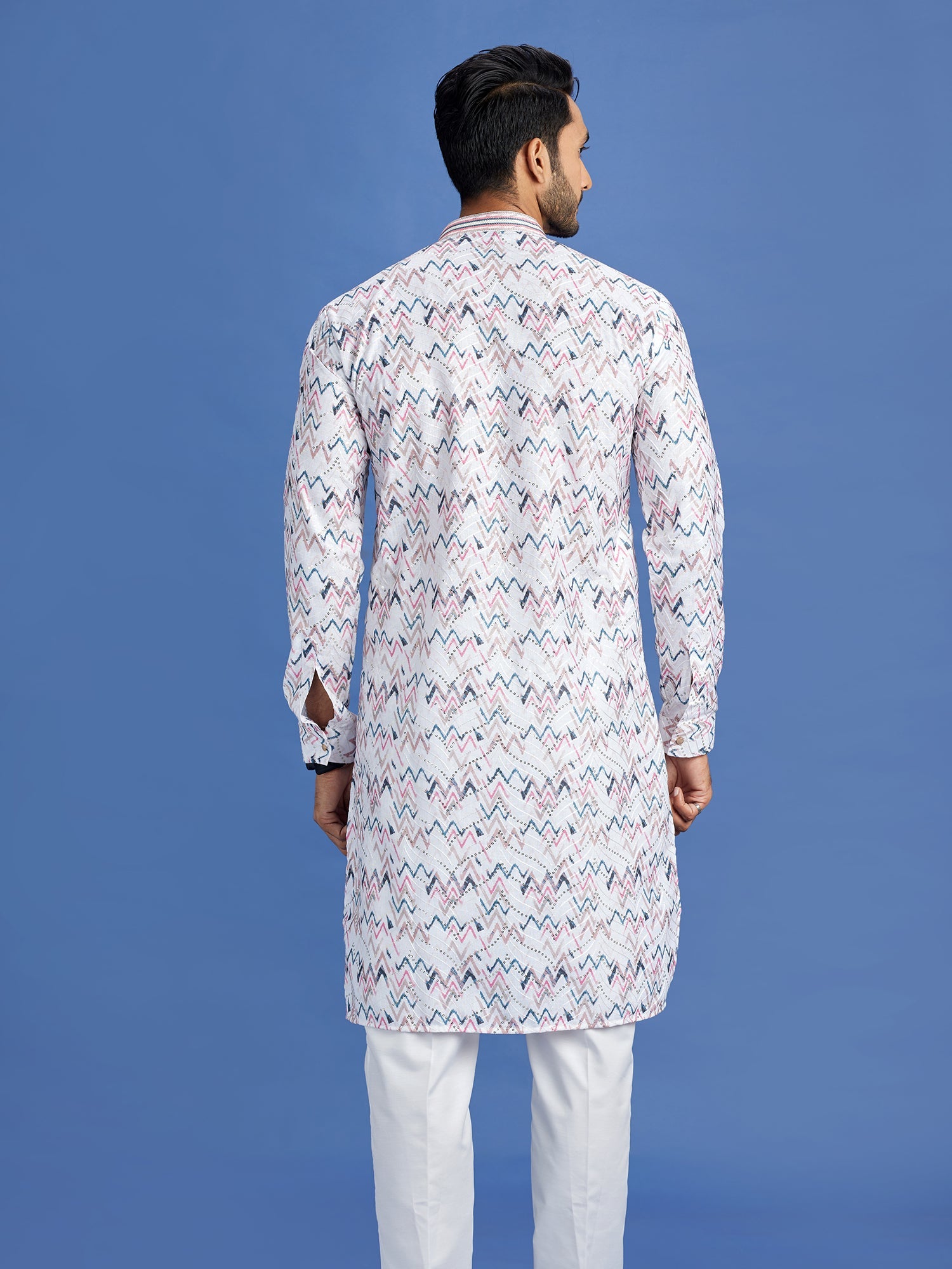Blue & Pink Cotton Embroidered Kurta Pajama