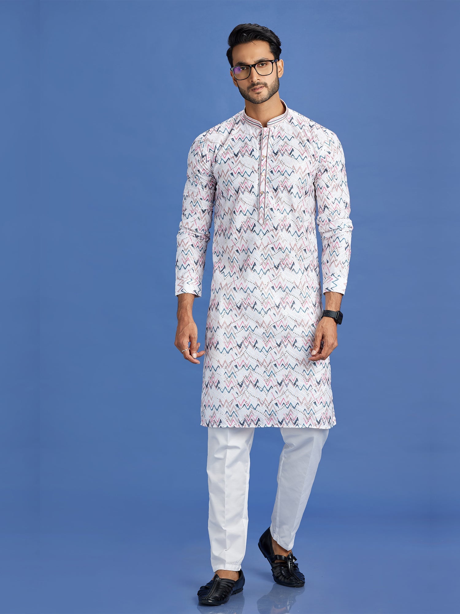 Blue & Pink Cotton Embroidered Kurta Pajama