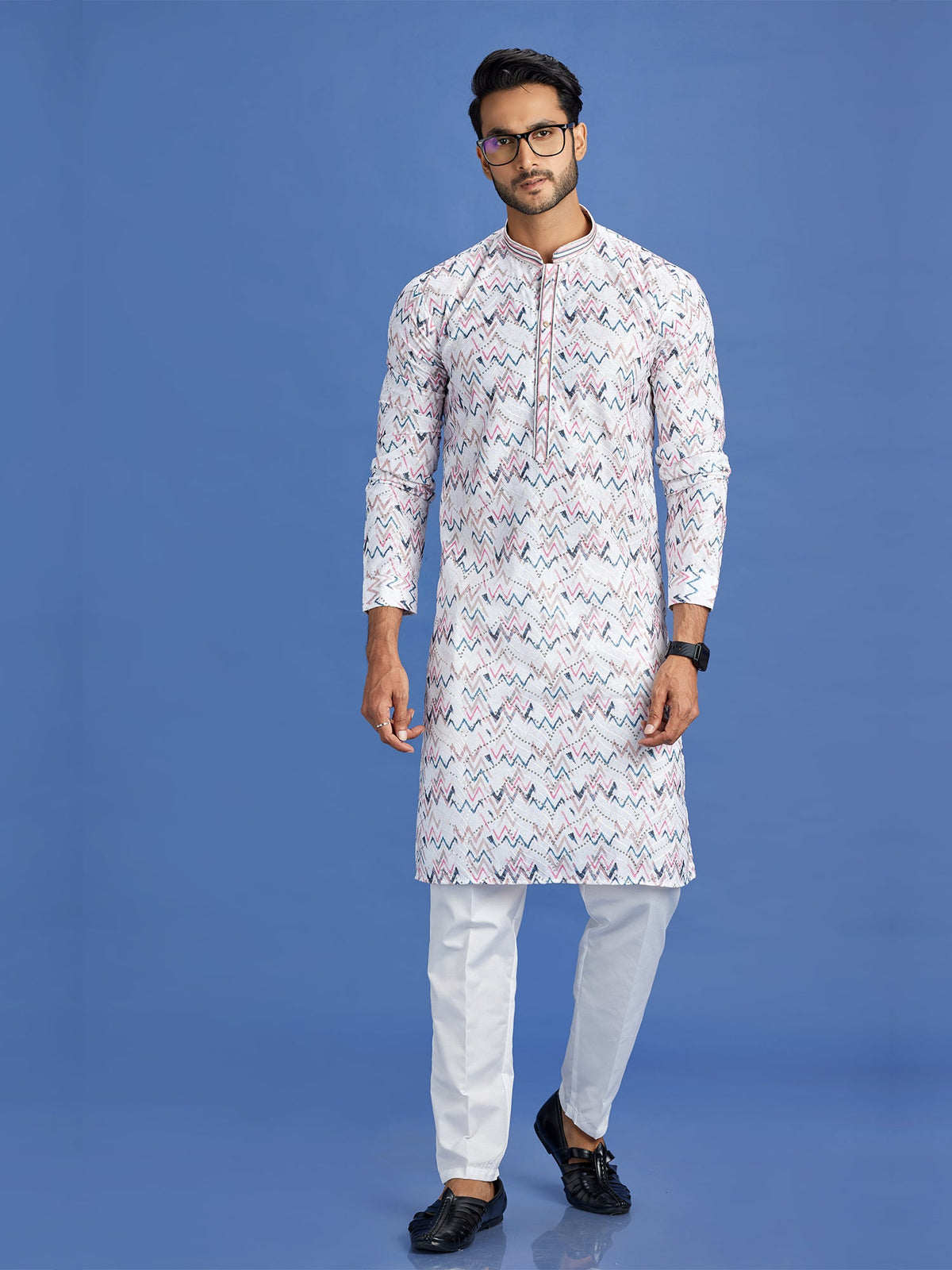 Blue & Pink Cotton Embroidered Kurta Pajama