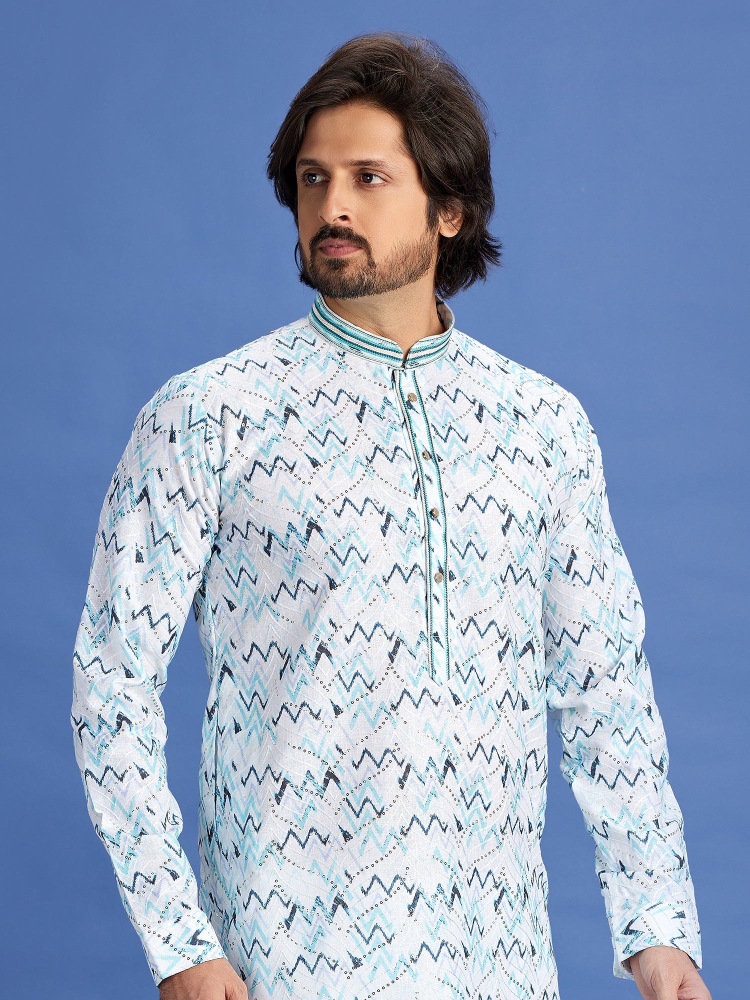 Blue Sequin Embroidered CottonKurta Pajama