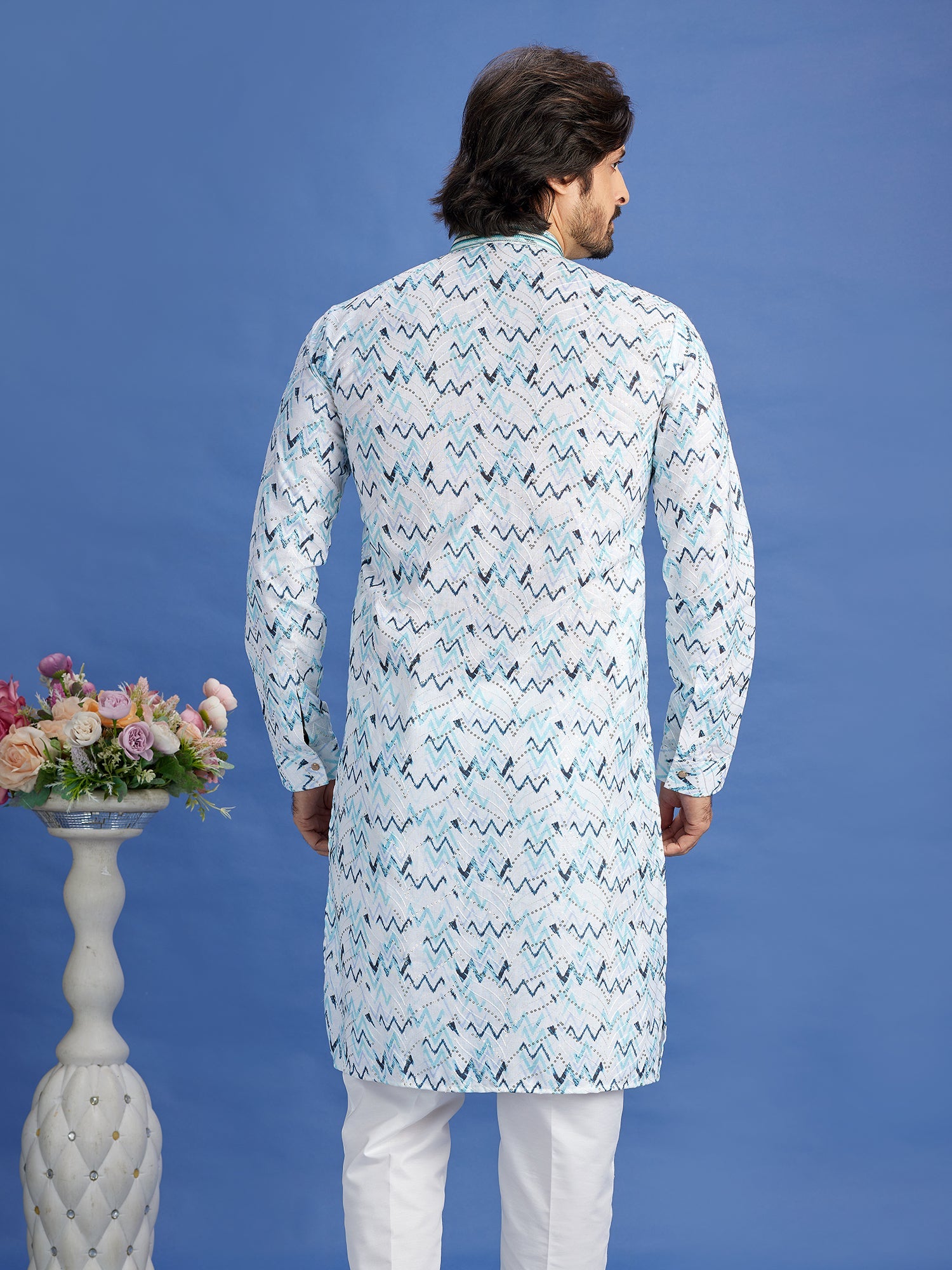 Blue Sequin Embroidered CottonKurta Pajama