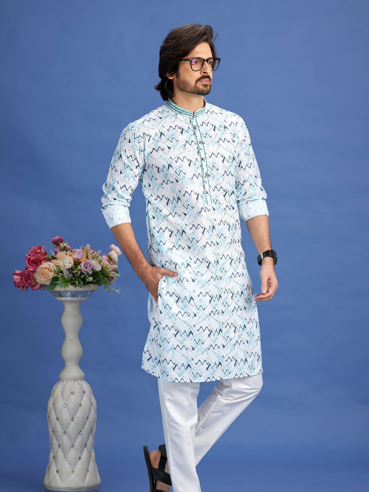 Blue Sequin Embroidered CottonKurta Pajama