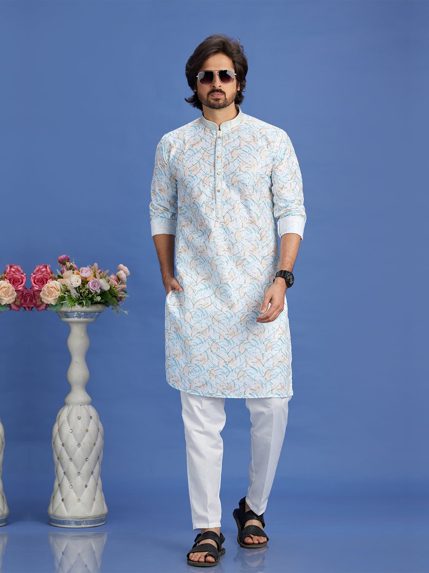 Light Blue Cotton Embroidered Kurta Pajama