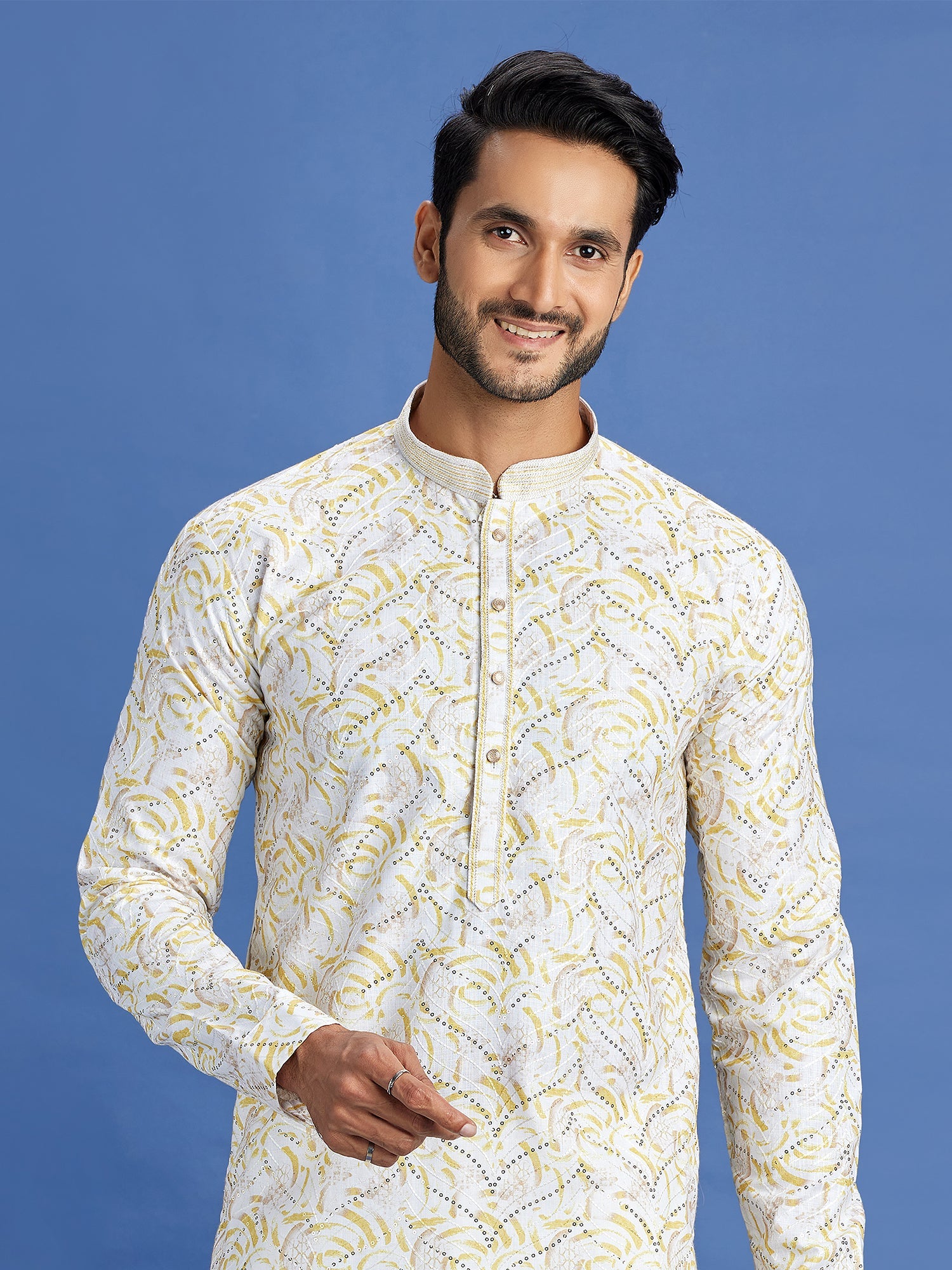 Yellow Cotton Embroidered Party Wear Kurta Pajama