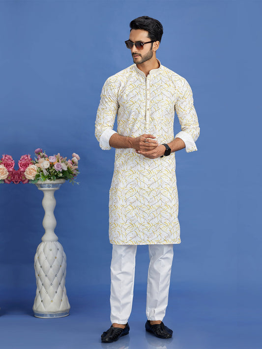 Yellow Cotton Embroidered Party Wear Kurta Pajama