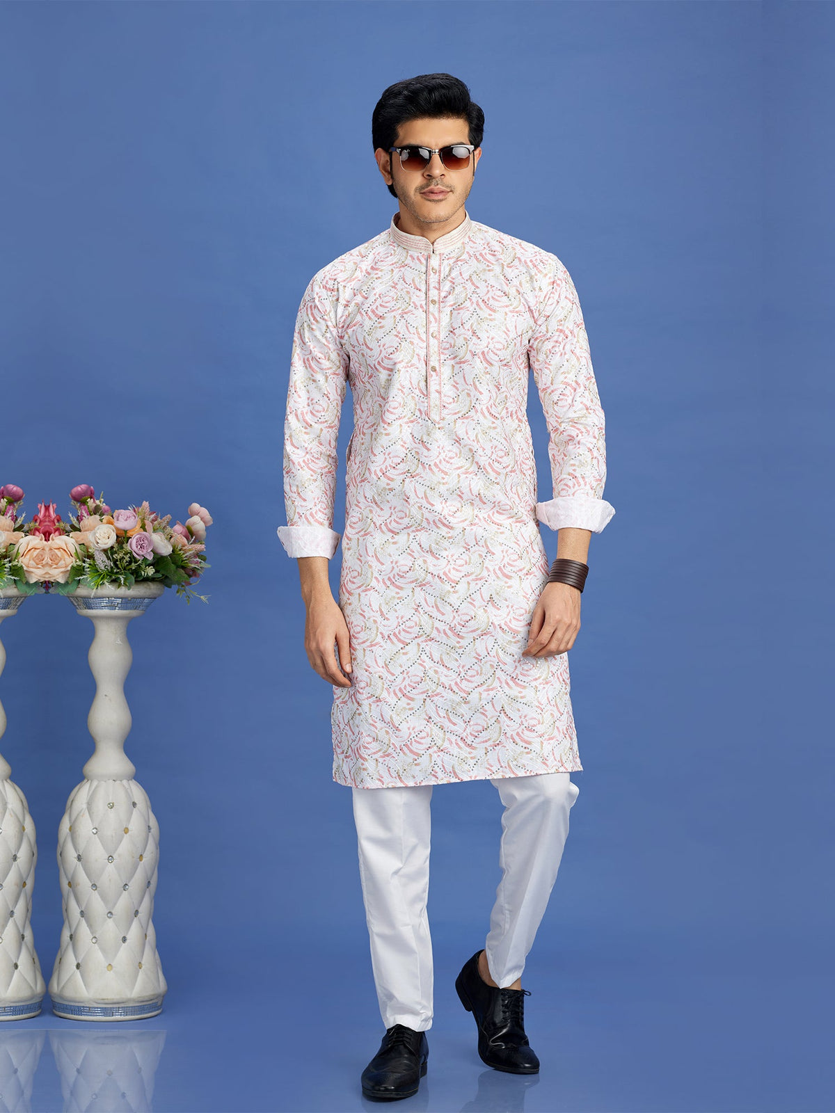 Pink Cotton Embroidered Festive Kurta Pajama