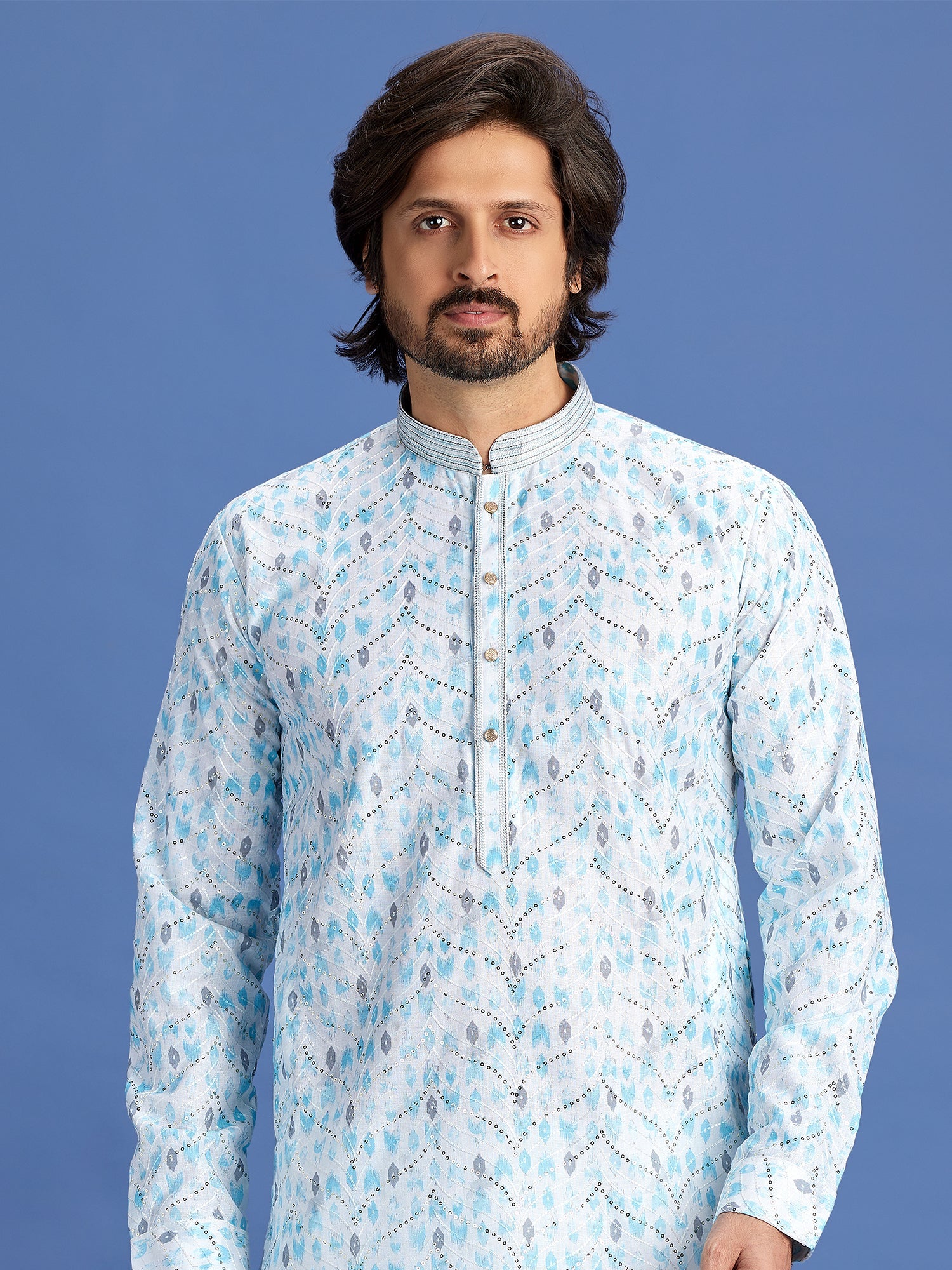 Blue Cotton Embroidered Kurta Pajama Set