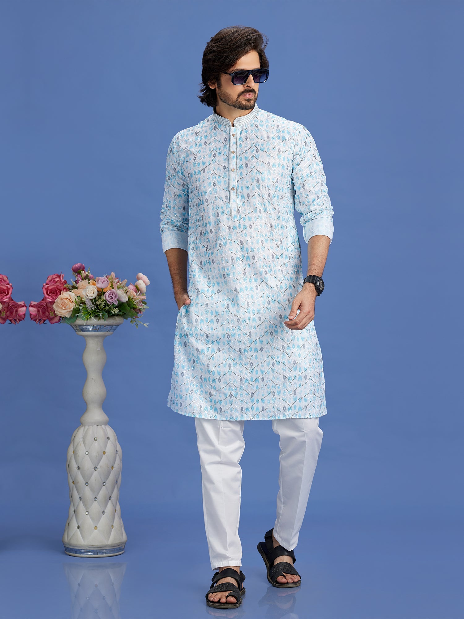 Blue Cotton Embroidered Kurta Pajama Set