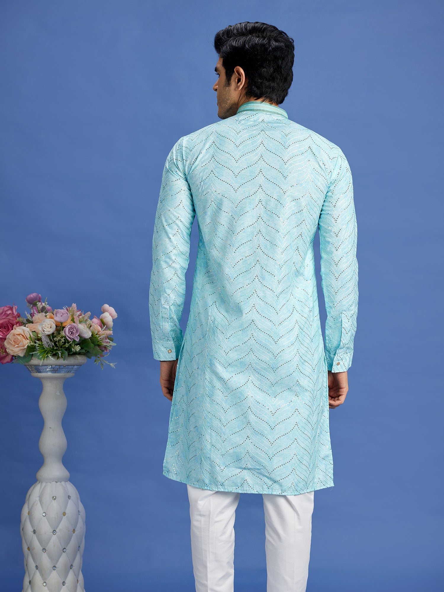 Turquoise Cotton Embroidered Kurta Pajama