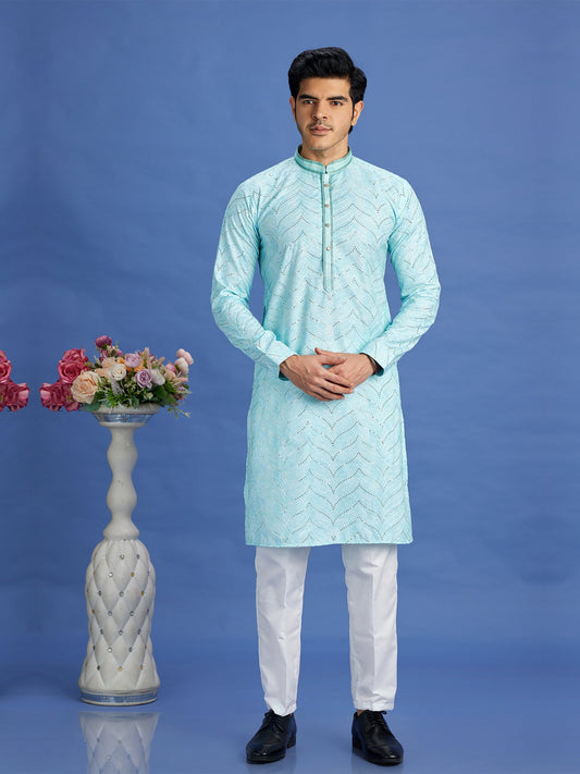 Turquoise Cotton Embroidered Kurta Pajama