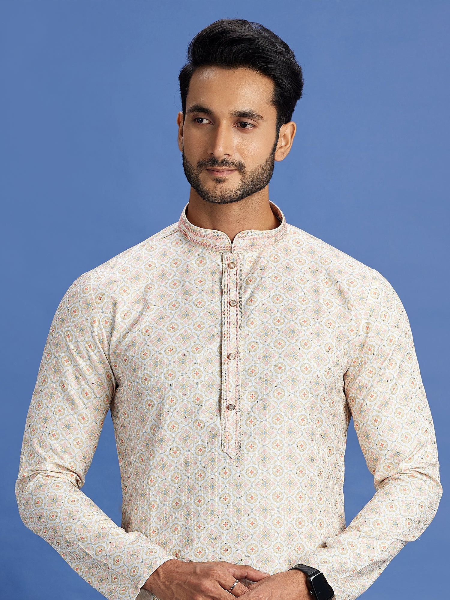Beige Cotton Embroidered Kurta Pajama