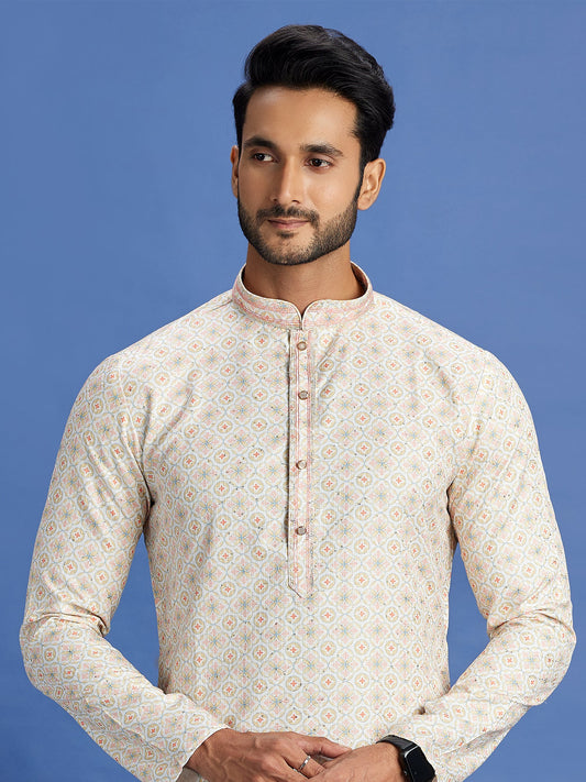 Beige Cotton Embroidered Kurta Pajama