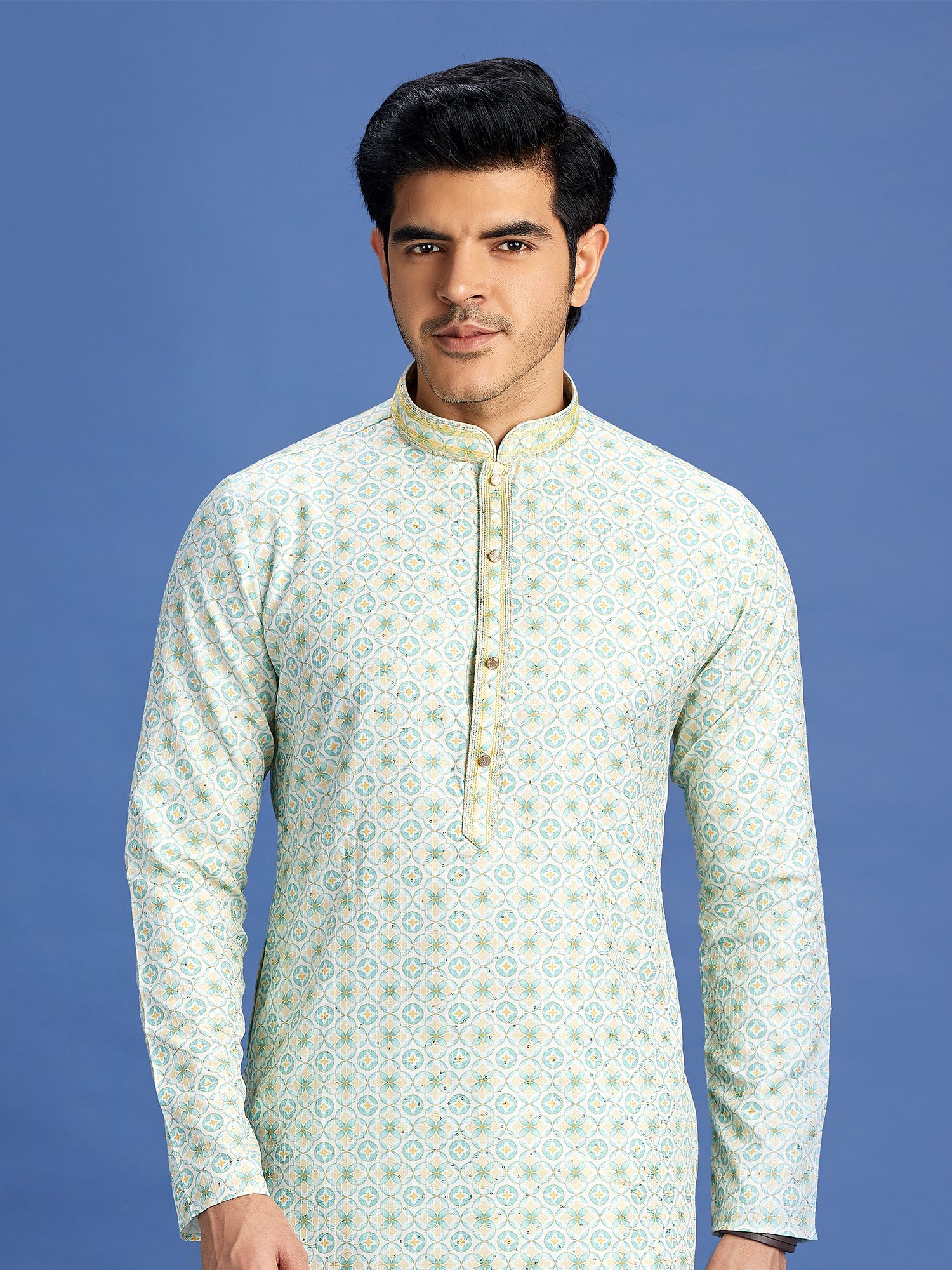 Pista Green Cotton Embroidered Kurta Pajama