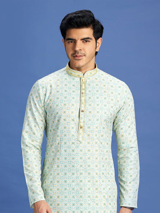 Pista Green Cotton Embroidered Kurta Pajama