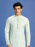 Pista Green Cotton Embroidered Kurta Pajama