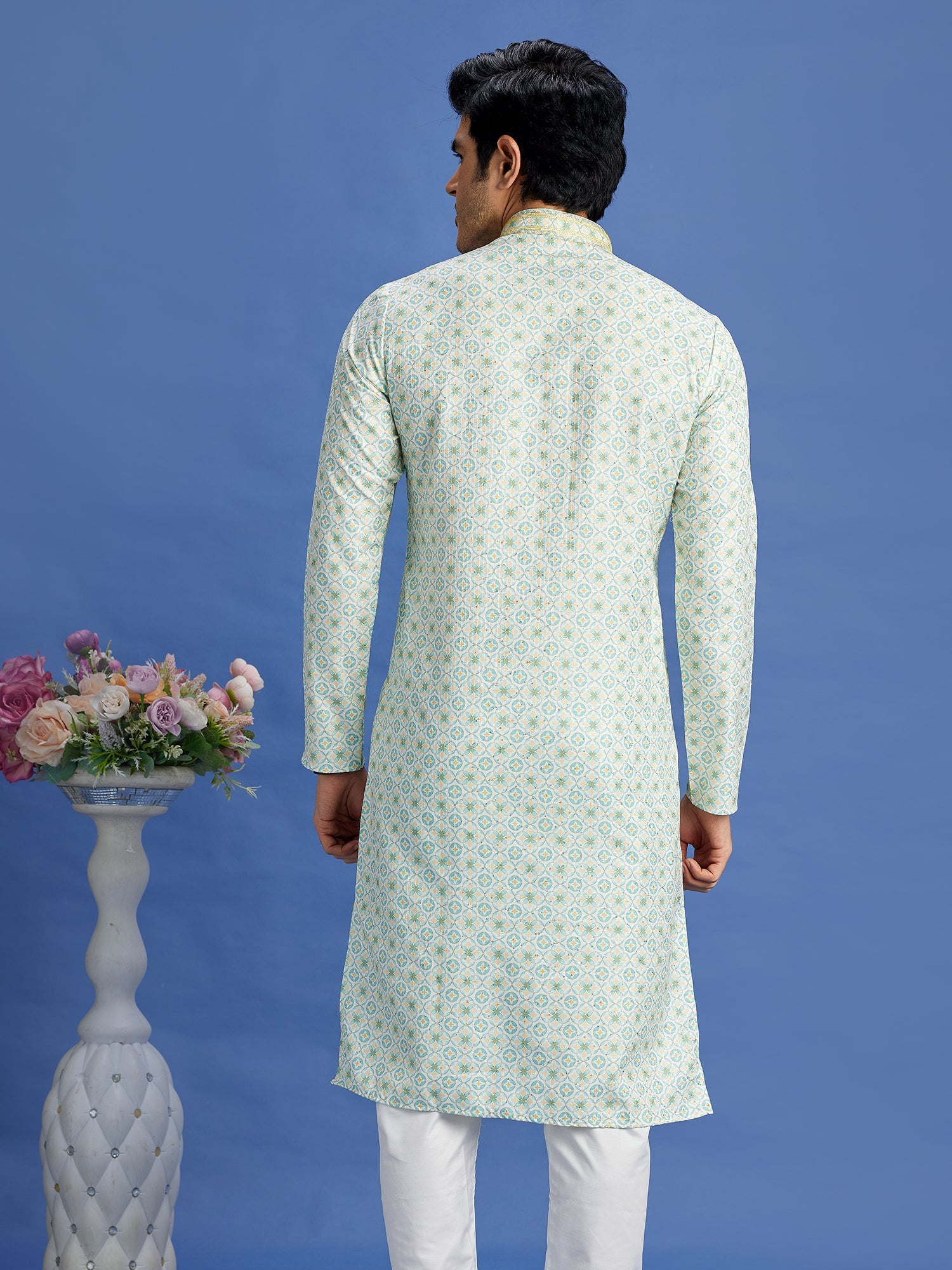 Pista Green Cotton Embroidered Kurta Pajama