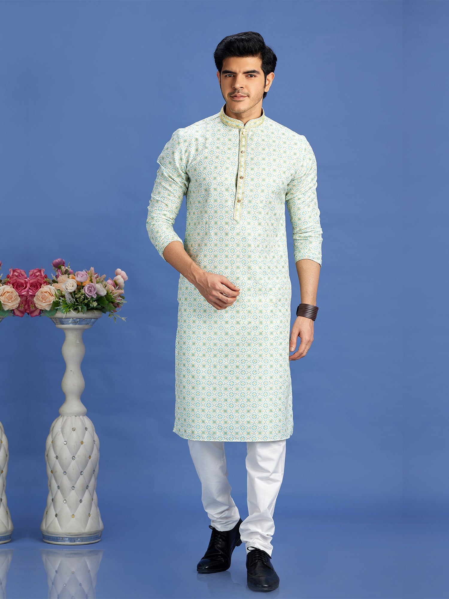 Pista Green Cotton Embroidered Kurta Pajama