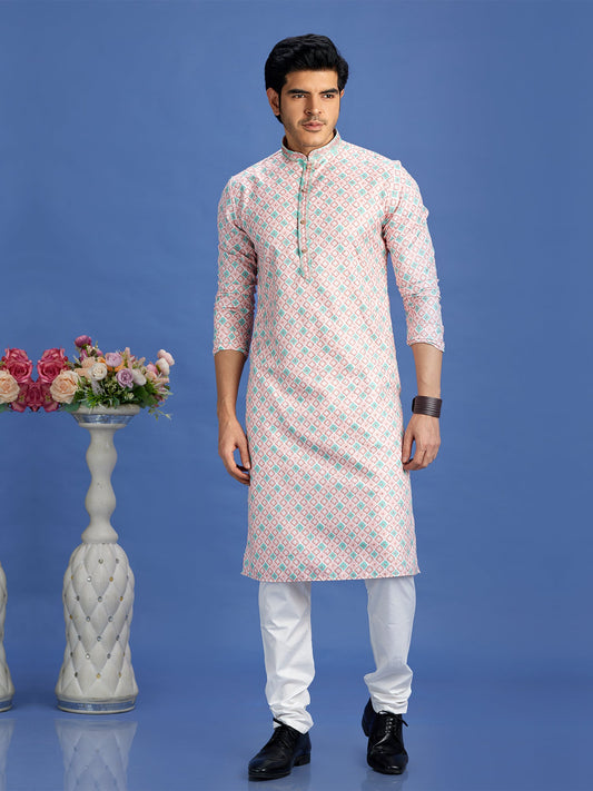 Peach Cotton Embroidered Kurta Pajama