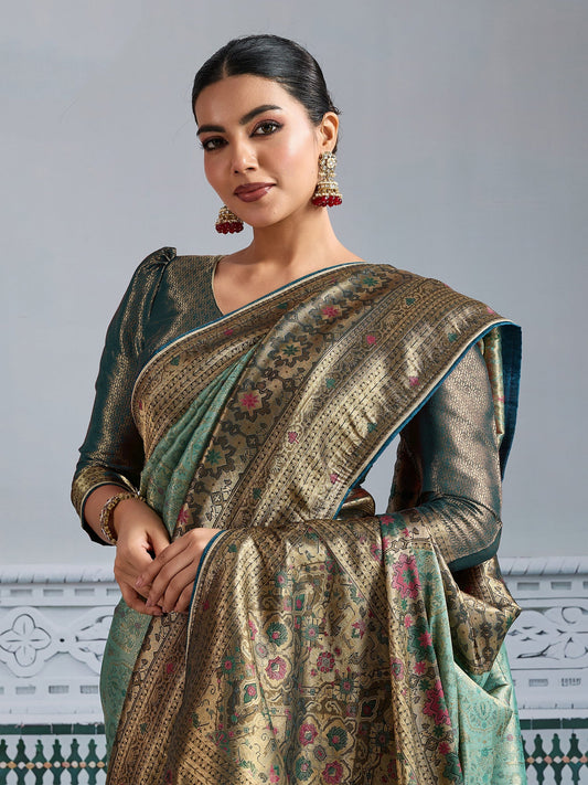 Sea Green Woven Embroidered Kanjivaram Silk Saree