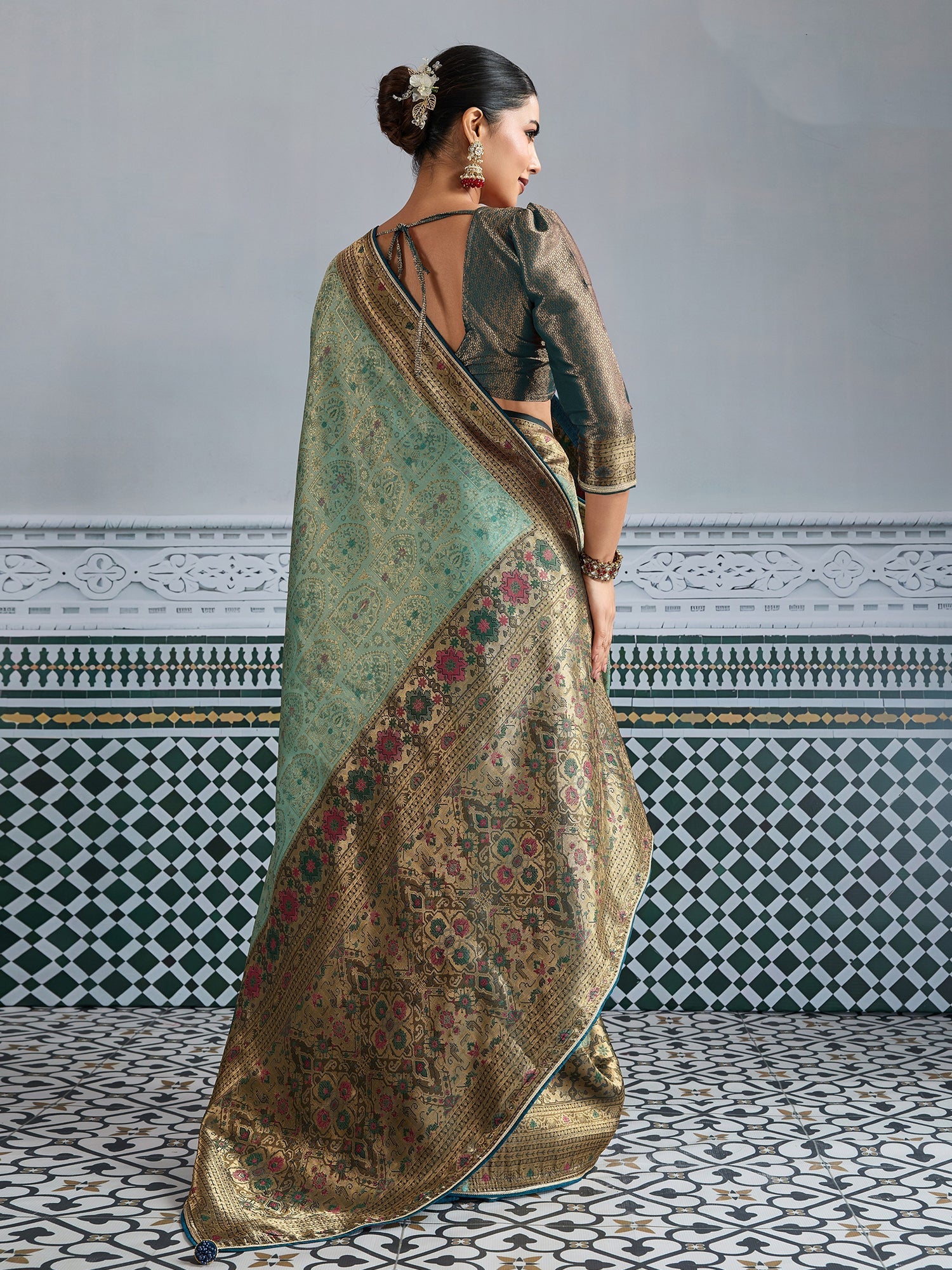 Sea Green Woven Embroidered Kanjivaram Silk Saree