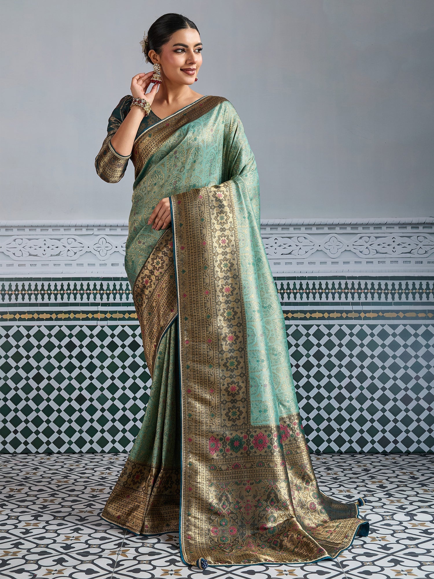 Sea Green Woven Embroidered Kanjivaram Silk Saree