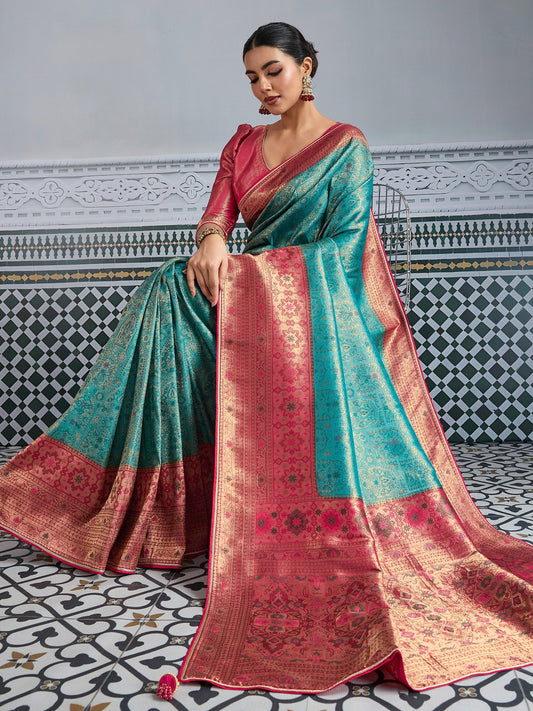Sea Blue Woven Embroidered Kanjivaram Silk Saree