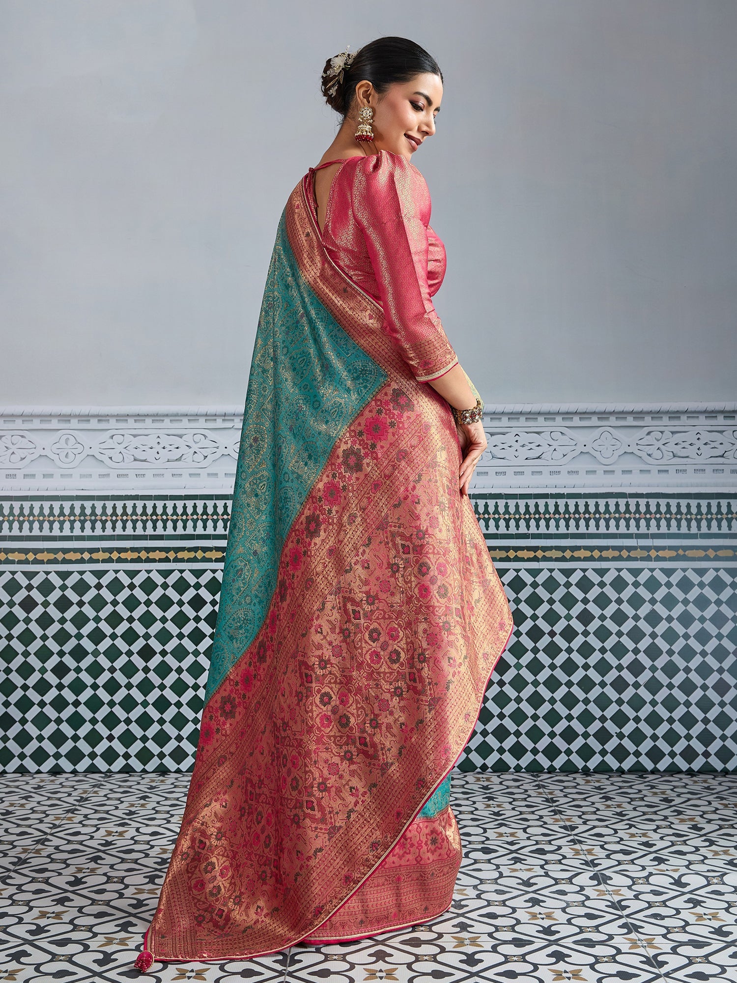 Sea Blue Woven Embroidered Kanjivaram Silk Saree