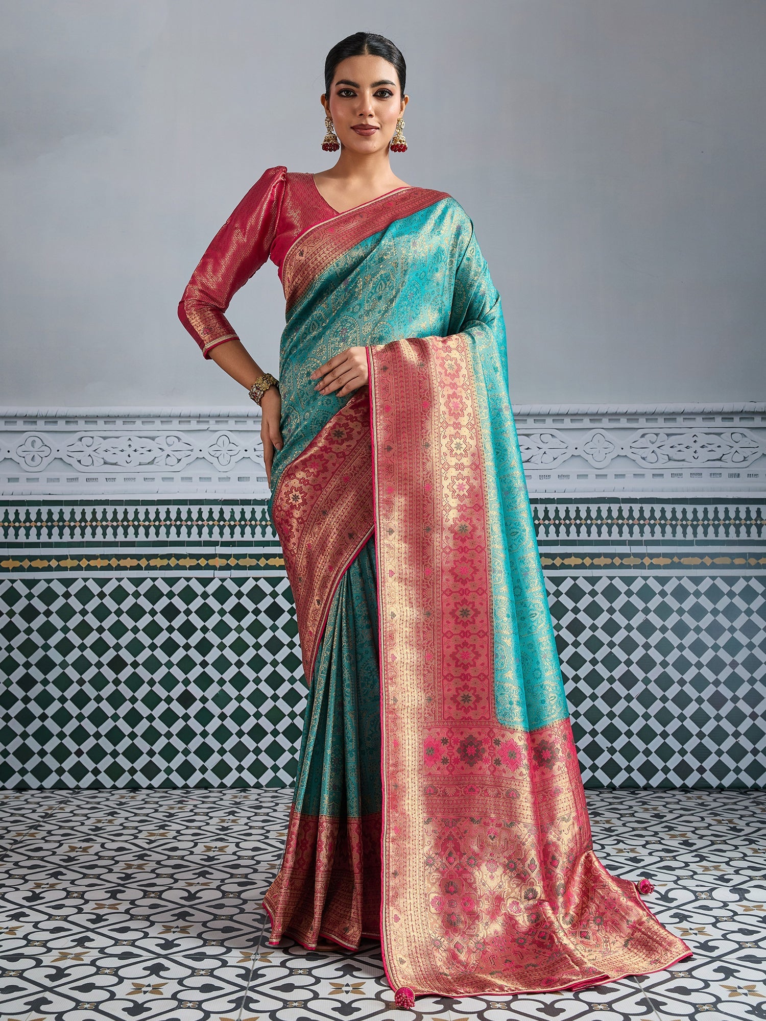 Sea Blue Woven Embroidered Kanjivaram Silk Saree