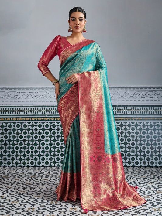 Sea Blue Woven Embroidered Kanjivaram Silk Saree