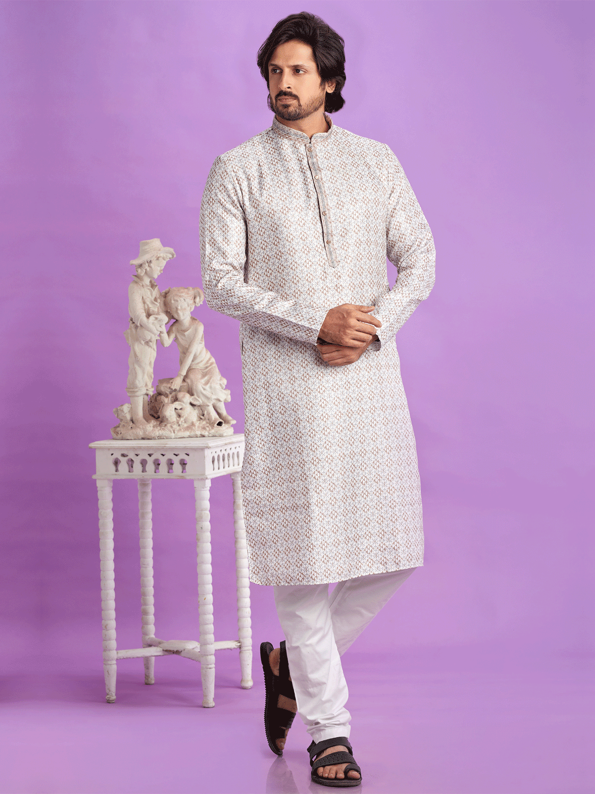 Brown Cotton Kurta Pyjama For Mens