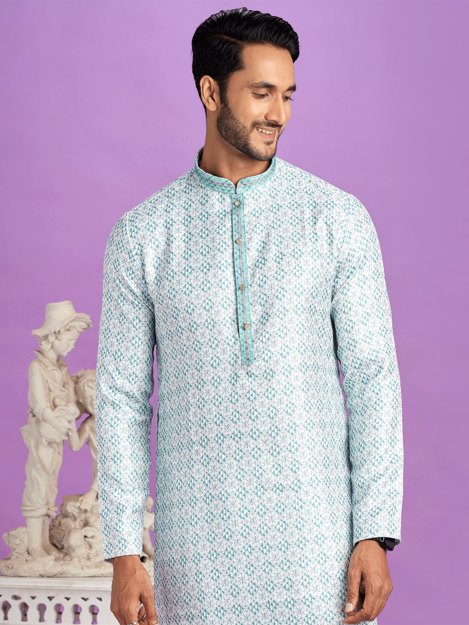 Turquoise Festive Kurta Pyjama In Digital Print