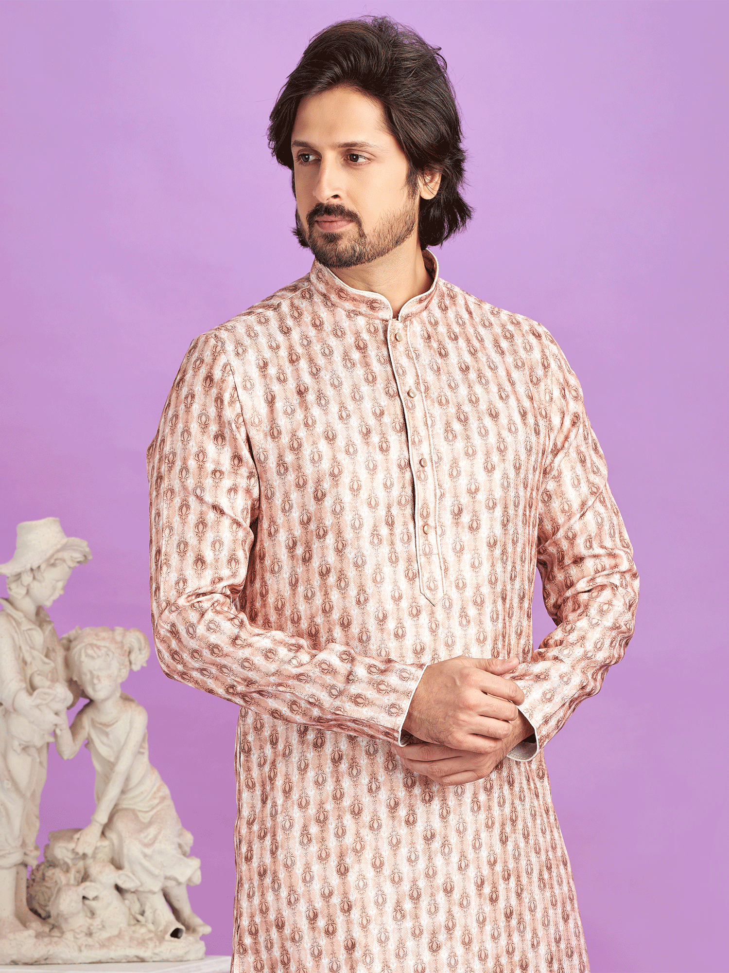 Brown Printed Kurta Set In Cotton For Mens