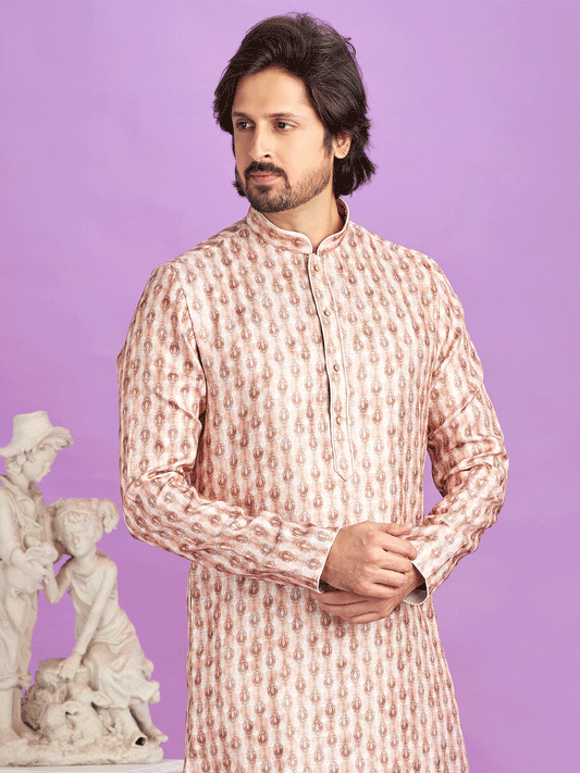 Brown Printed Kurta Set In Cotton For Mens