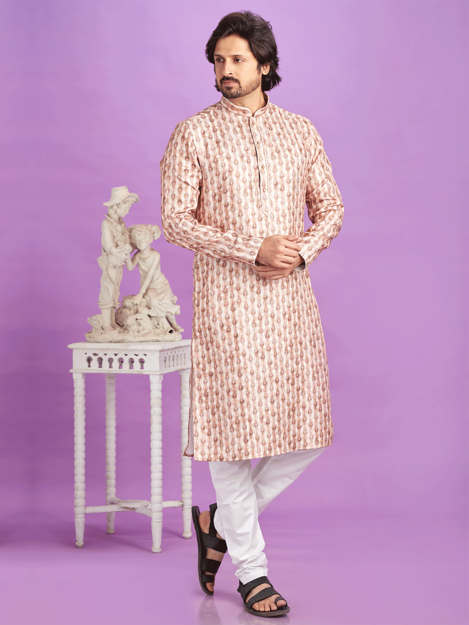 Brown Printed Kurta Set In Cotton For Mens